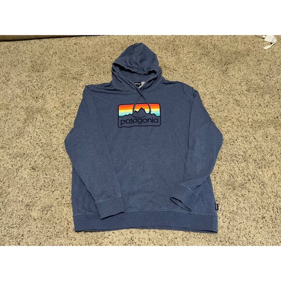 Patagonia Mens Blue Hoodie Size XXL With Rainbow Mountain Logo Graphic - Picture 12 of 13